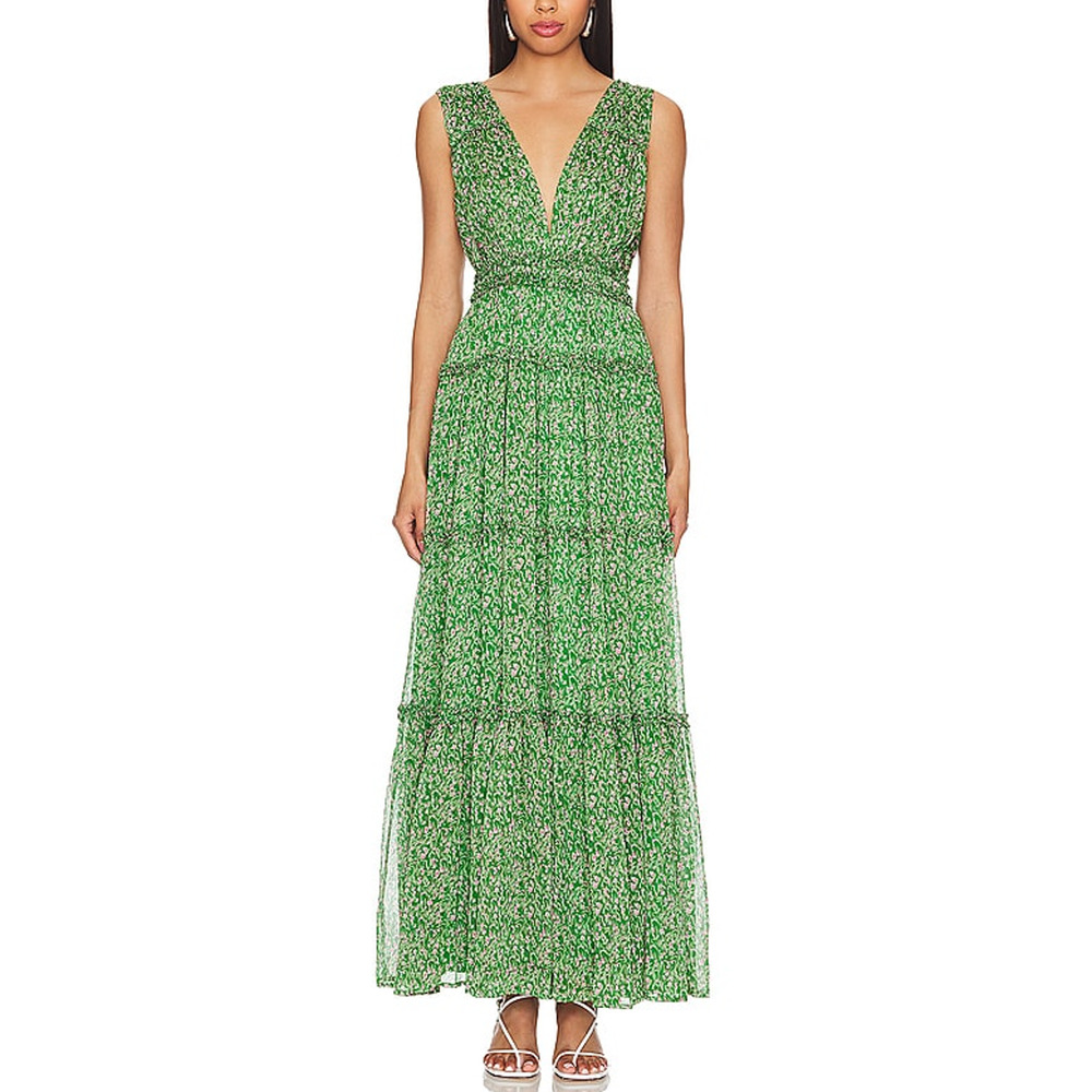 Astr Green Floral V-Neck Tiered Maxi Dress